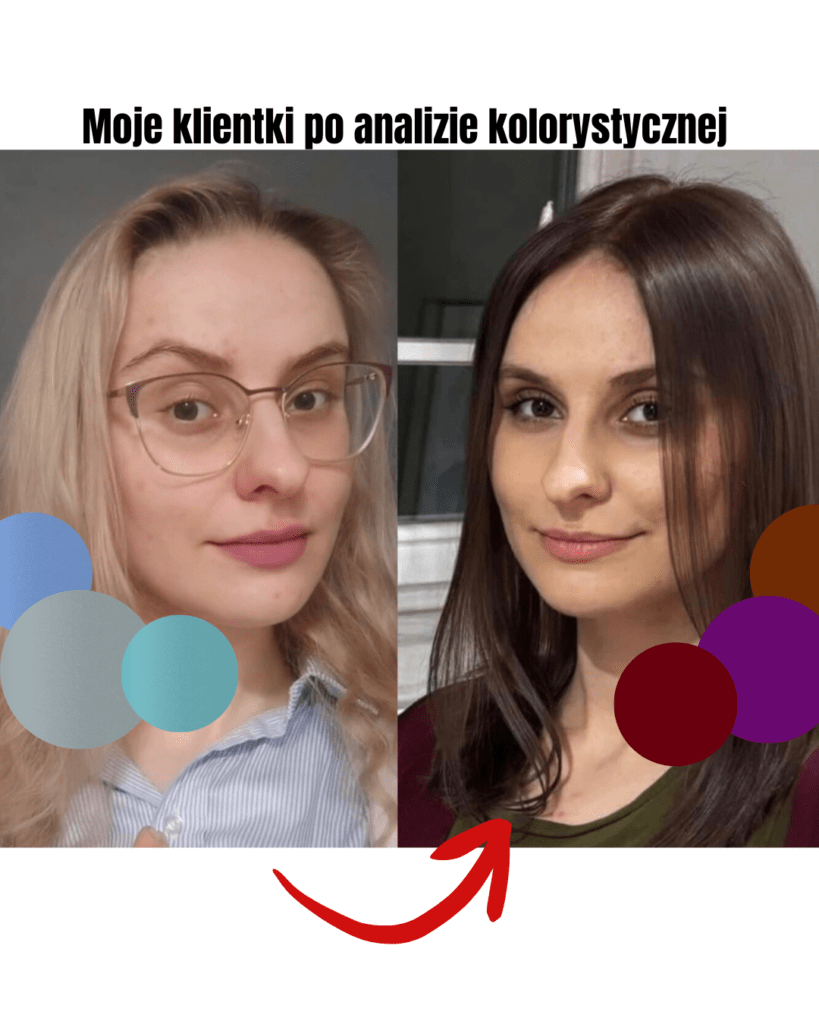 Before/after portrait comparison: left is a blonde woman with glasses, right is a brunette after color analysis.