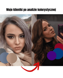 Two women shown side by side after color analysis; left with ash-blonde hair in a scarf, right with rich brunette hair taking a selfie, color swatches overlaid and a red transformation arrow.