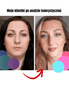 Porównanie przed i po analizie kolorystycznej: dwie twarze obok siebie z różnym makijażem i kolorem włosów.