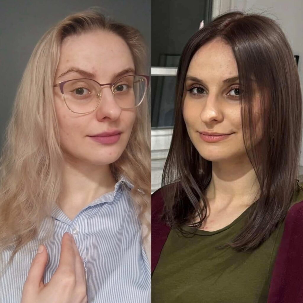 Before-and-after portrait: left queue shows a woman with blonde wavy hair, glasses, striped button-down shirt; right shows same woman with straight dark brown hair and an olive top, no glasses.