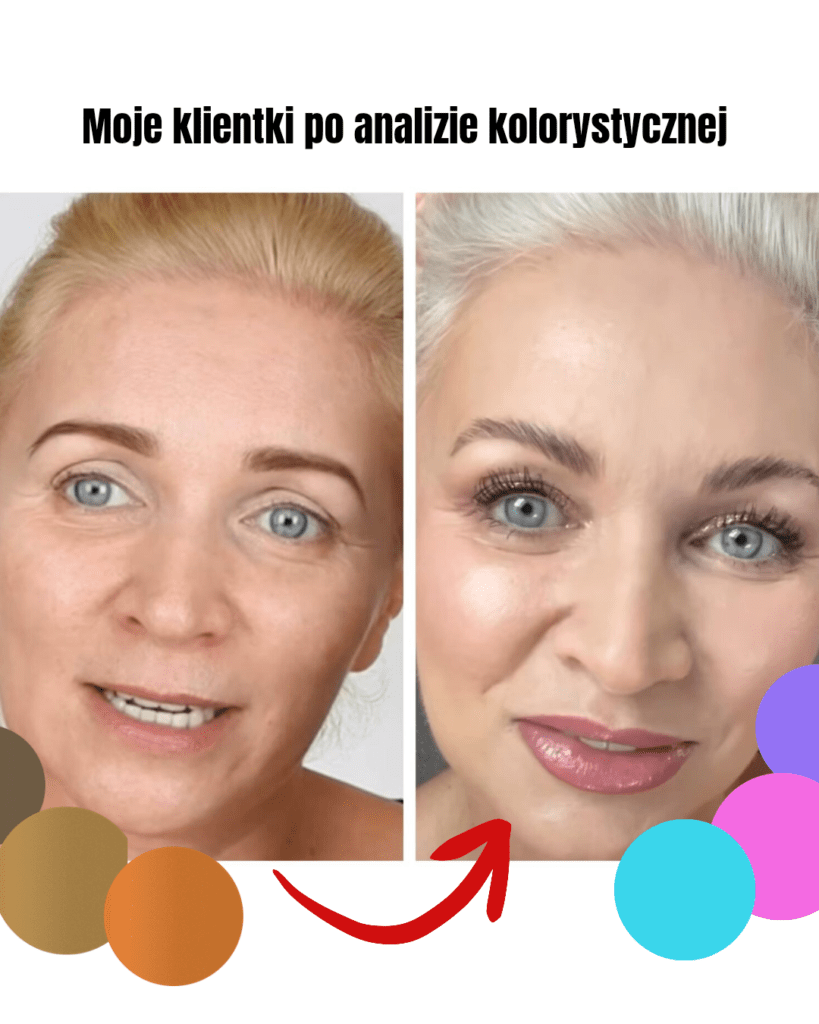 Before-and-after portrait of a client showing skin tone and makeup changes after color analysis, left natural and right enhanced with makeup.