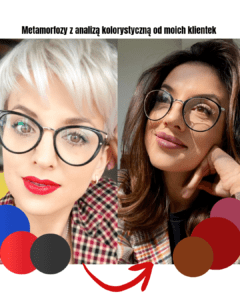 Two women with glasses side by side, showing a before-and-after color analysis theme for clients.