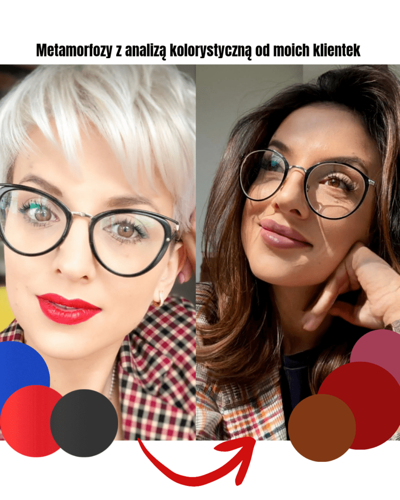 Moje klientki po analizie kolorystycznej online_20260502_092839_0000 Two women with glasses side by side, showing a before-and-after color analysis theme for clients.