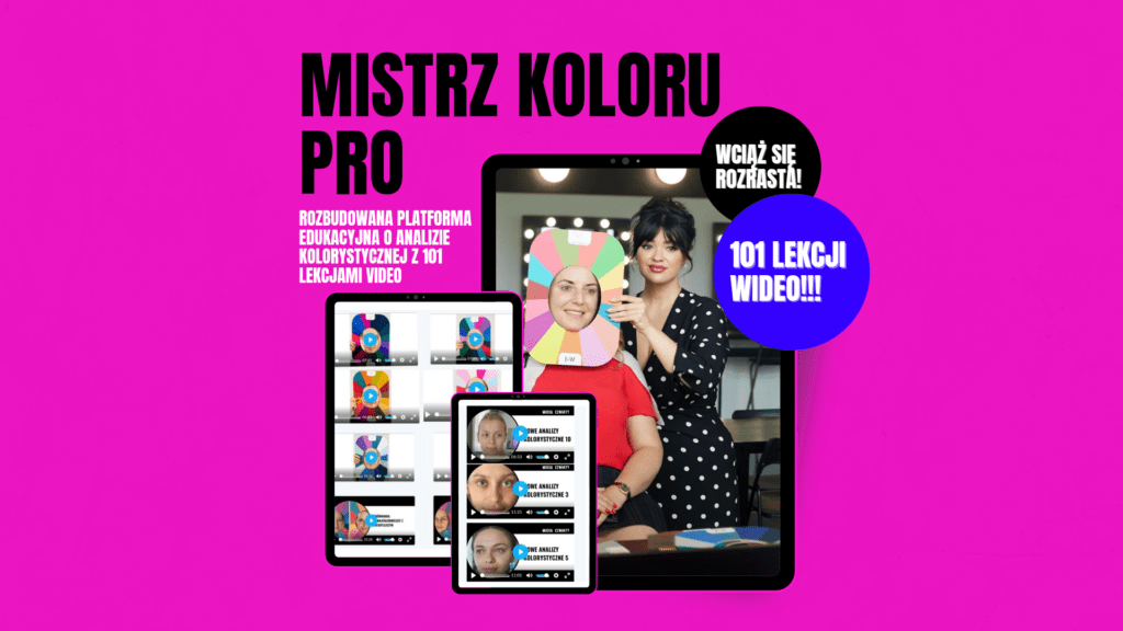 Advertising banner in Polish: two women pose with a color wheel and devices; promotes color analysis lessons and 101 video lessons on a vivid pink background.