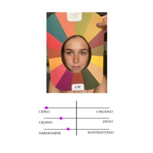 Face peering through a circular hole in a multicolored rainbow color wheel held in front of the person.