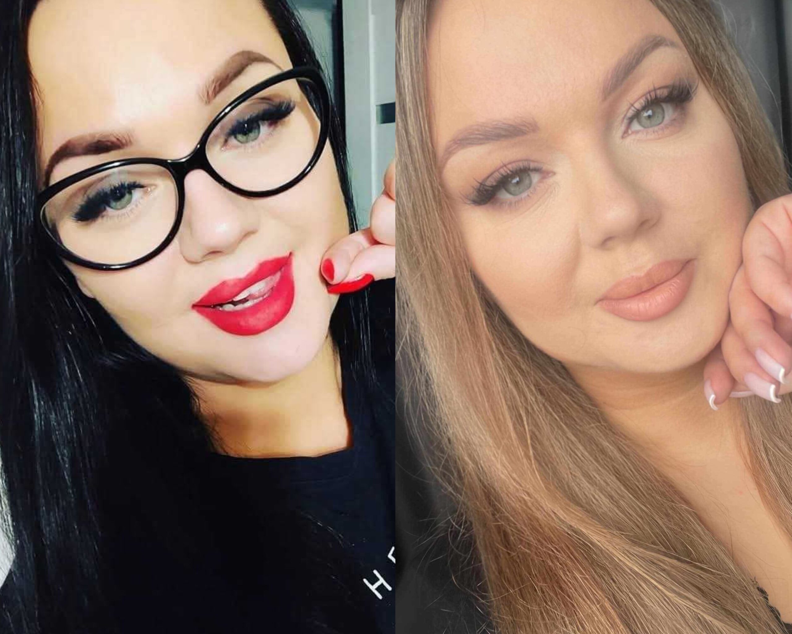 Split image of two women: left with black hair, glasses, and bold red lipstick; right with light brown hair and natural makeup.
