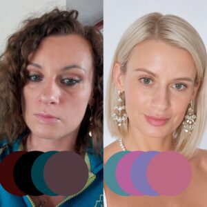 Two women before and after: left with curly brown hair and natural makeup, right with straight blonde hair and statement earrings
